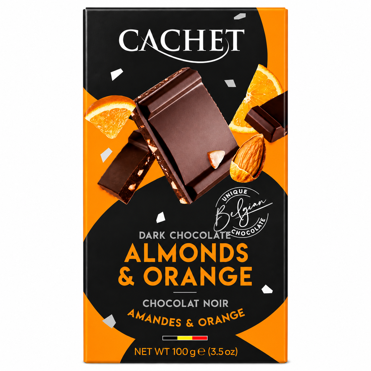 CACHET Fruit – Horká čokoláda 57 % s pomarančom a mandľami